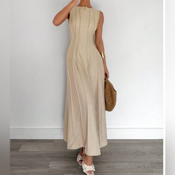 Split Pleated Waist A-Line Dress Beige - Picture 3 of 6